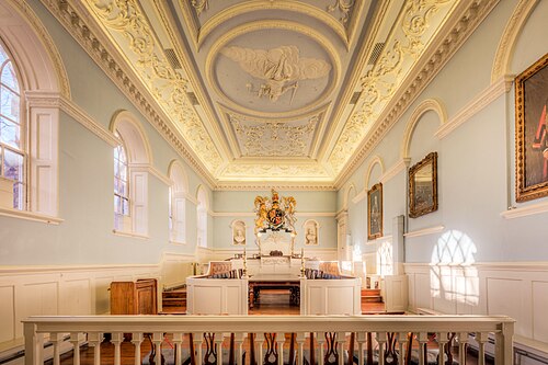 A courtroom with the judge's bench