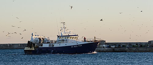 A fishing trawler returning to port