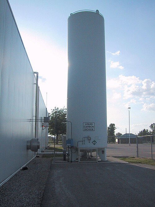 A liquid carbon dioxide tank: pressure equipment beside a plant